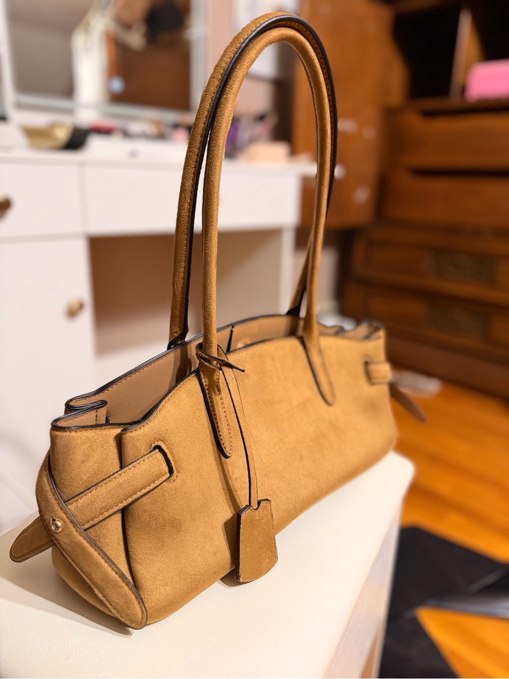 Elegant Tan Suede Shoulder Bag - Classic Women's Handbag